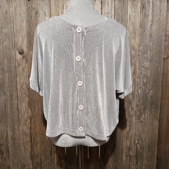 Adrianna Papell L Knit Top Black White Ribbed Striped Back Button Dolman Sleeve - Picture 4 of 6